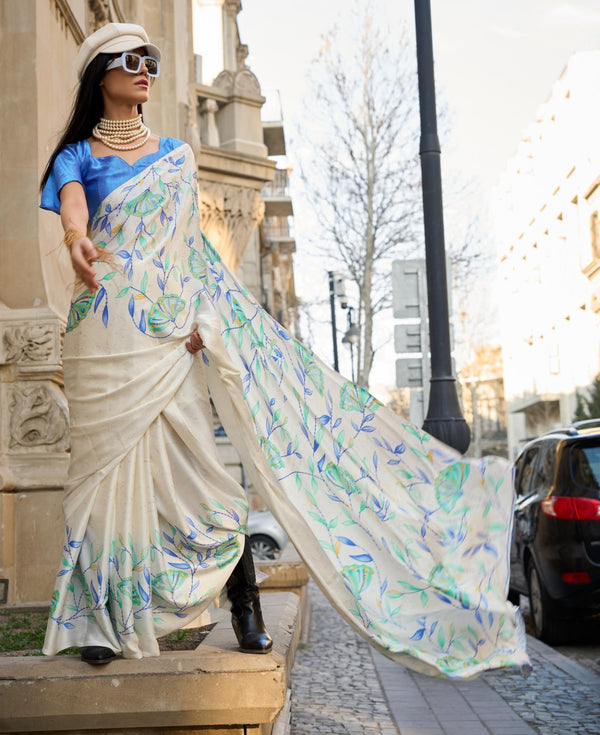 Pearl White Printed Satin Crepe Saree - PAHRAVA