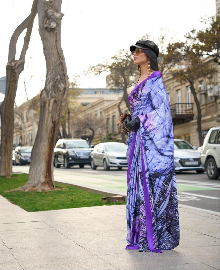 Lavender Purple Printed Satin Crepe Saree - PAHRAVA