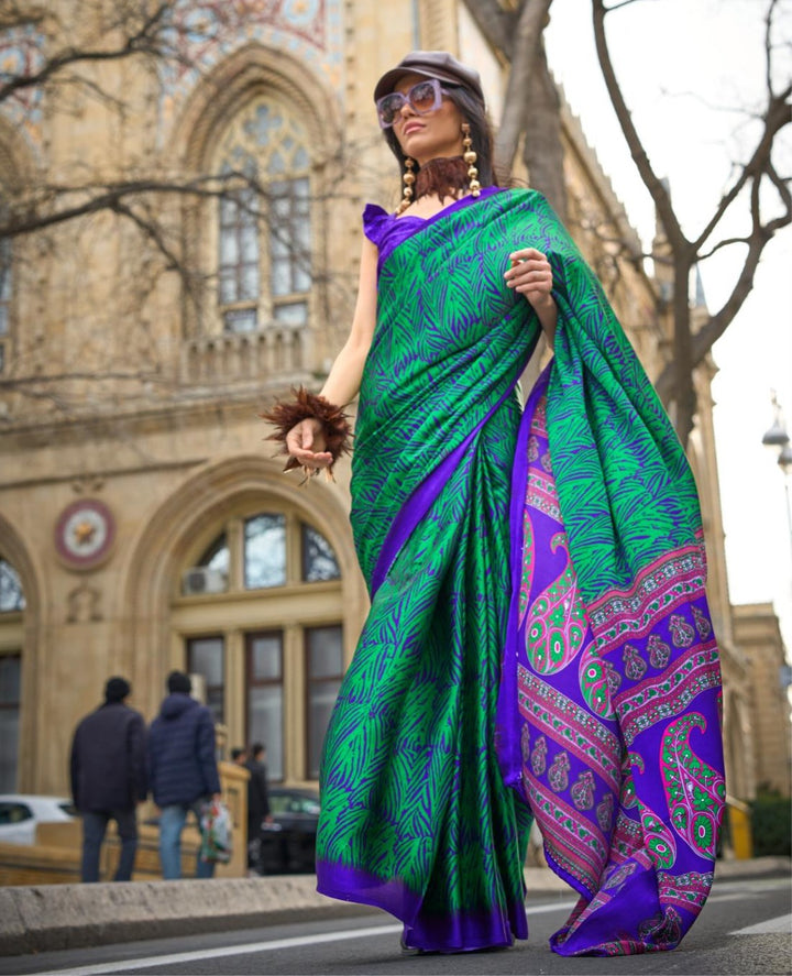 Spring Green Printed Satin Crepe Saree - PAHRAVA