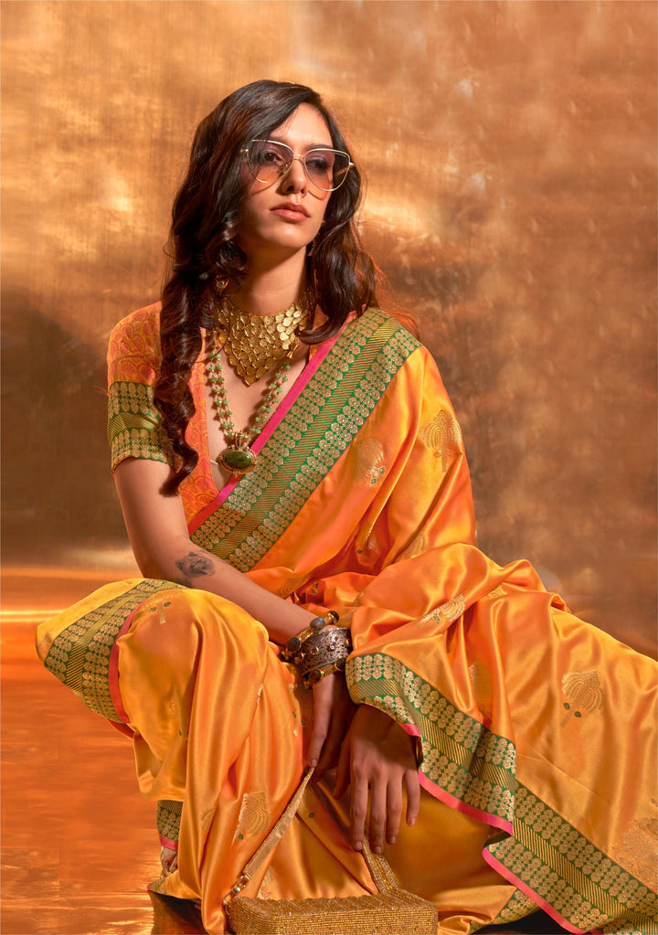 Exotic Orange Pure Satin Chaap Handloom Weaving Silk Saree - PAHRAVA