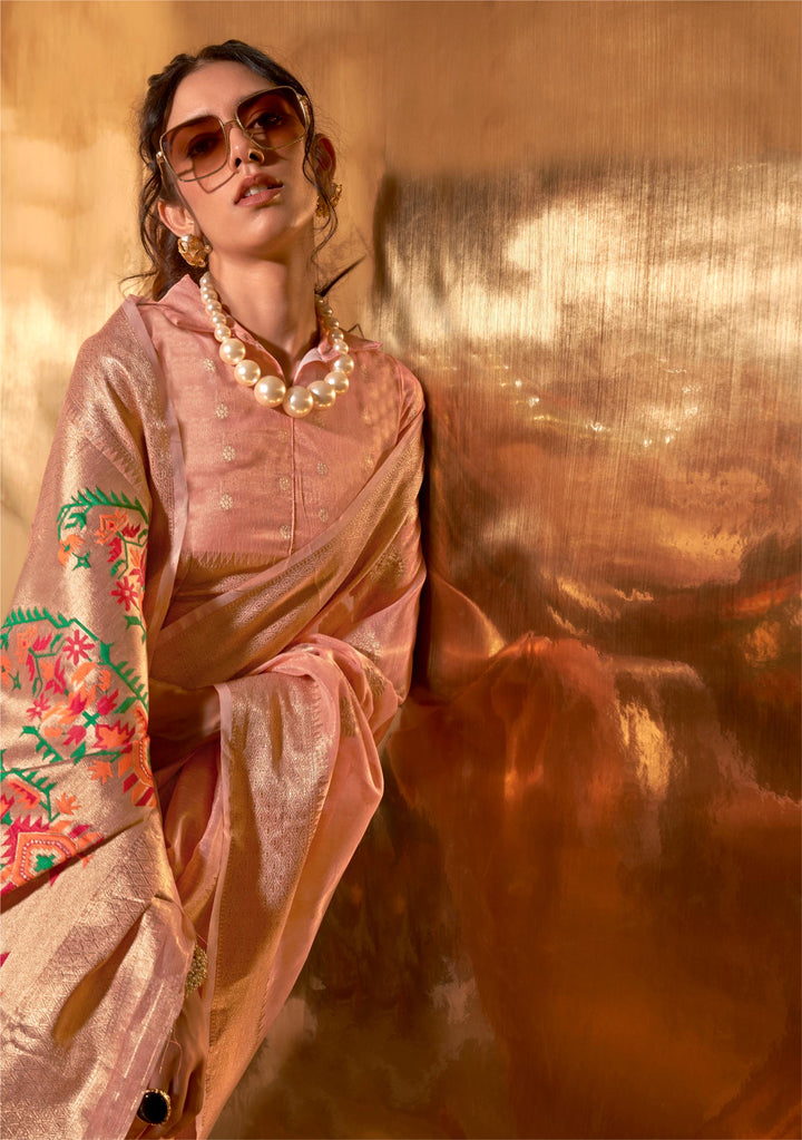 Dark Peach Paithani Zari Tissue Saree - PAHRAVA