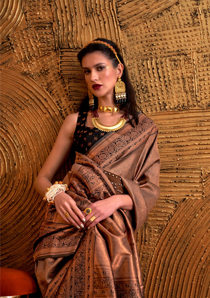 Pinkish Brown Chaap Handloom Weaving Silk Saree - PAHRAVA