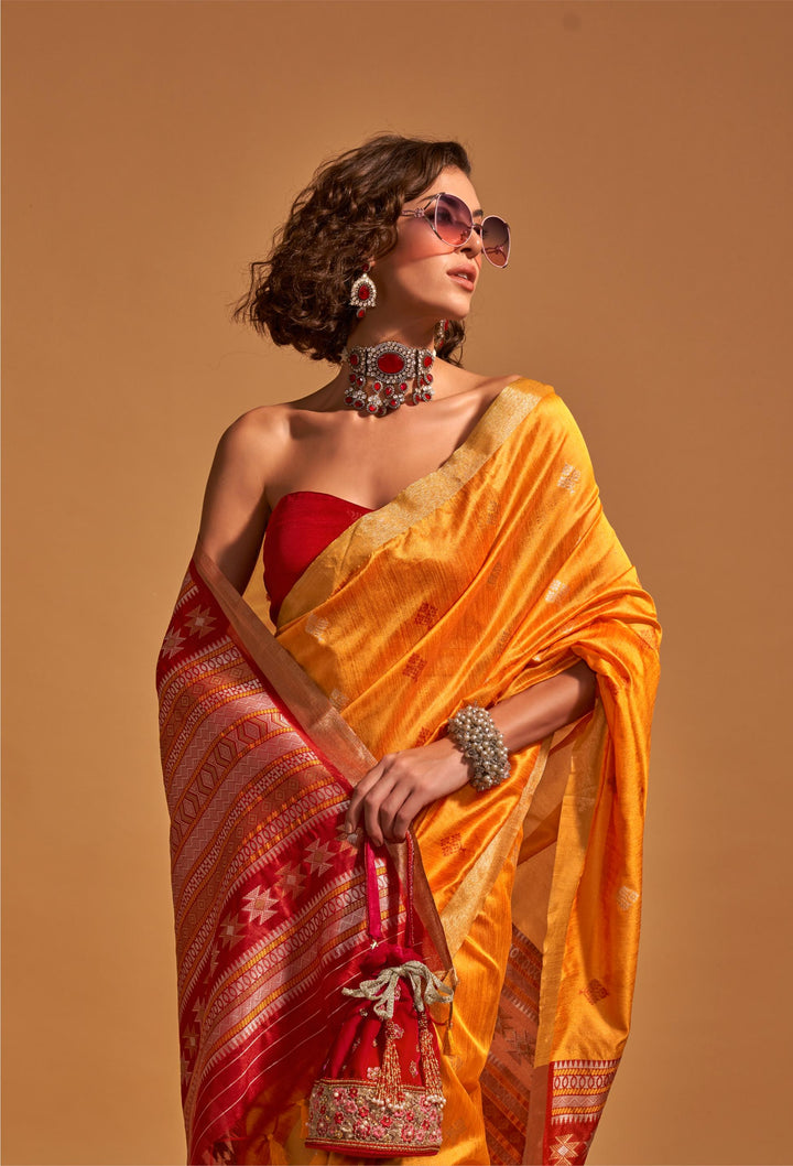 Papaya Orange Handloom Weaving Silk Saree - PAHRAVA