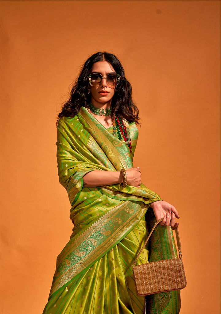 Avocado Green Pure Satin Handloom Weaving Silk Saree - PAHRAVA