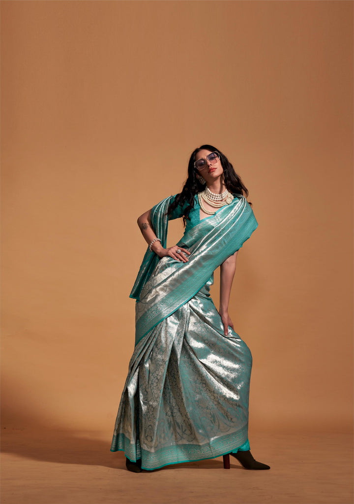 Light Sea Green Pure Satin Handloom Weaving Silk Saree - PAHRAVA