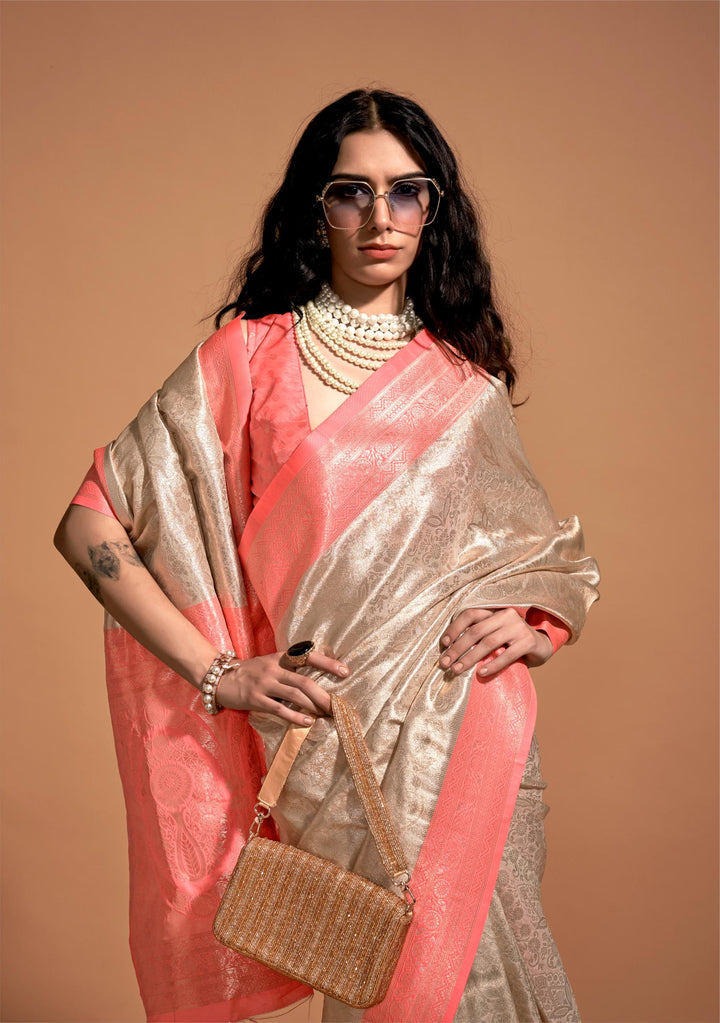 Salmon Pink Pure Satin Handloom Weaving Silk Saree - PAHRAVA