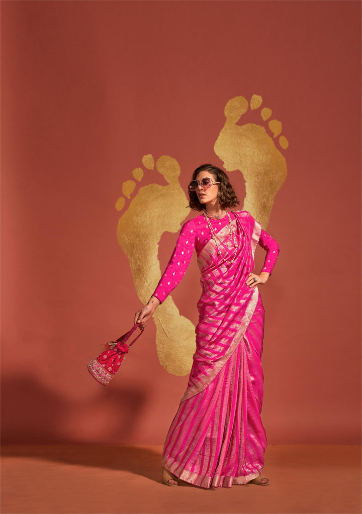 Rose Pink Pure Viscose Handloom Weaving Saree - PAHRAVA