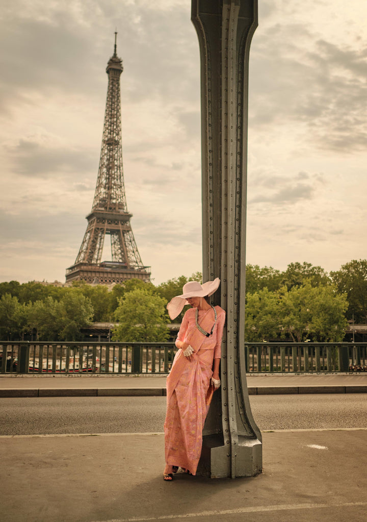 Peachy Pink Kashmiri Organza Handloom Weaving Saree - PAHRAVA