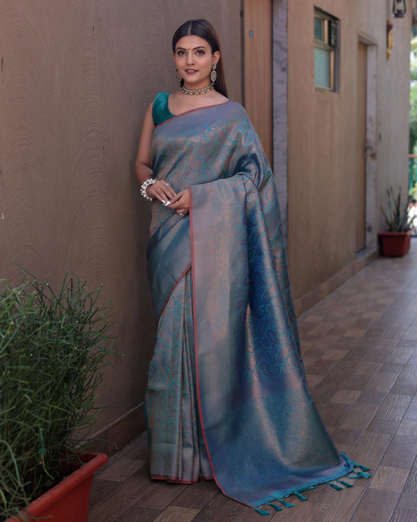 Teal blue kanjivaram zari work silk saree - PAHRAVA