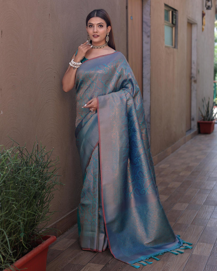 Teal blue kanjivaram zari work silk saree - PAHRAVA