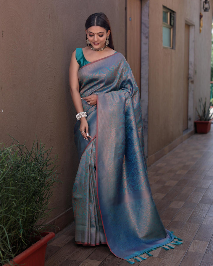 Teal blue kanjivaram zari work silk saree - PAHRAVA