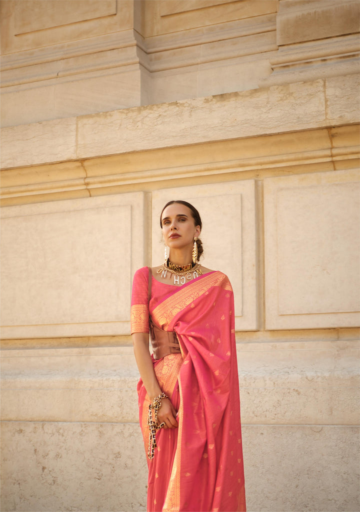 Warm Pink Handloom Weaving Khadi Silk Saree - PAHRAVA