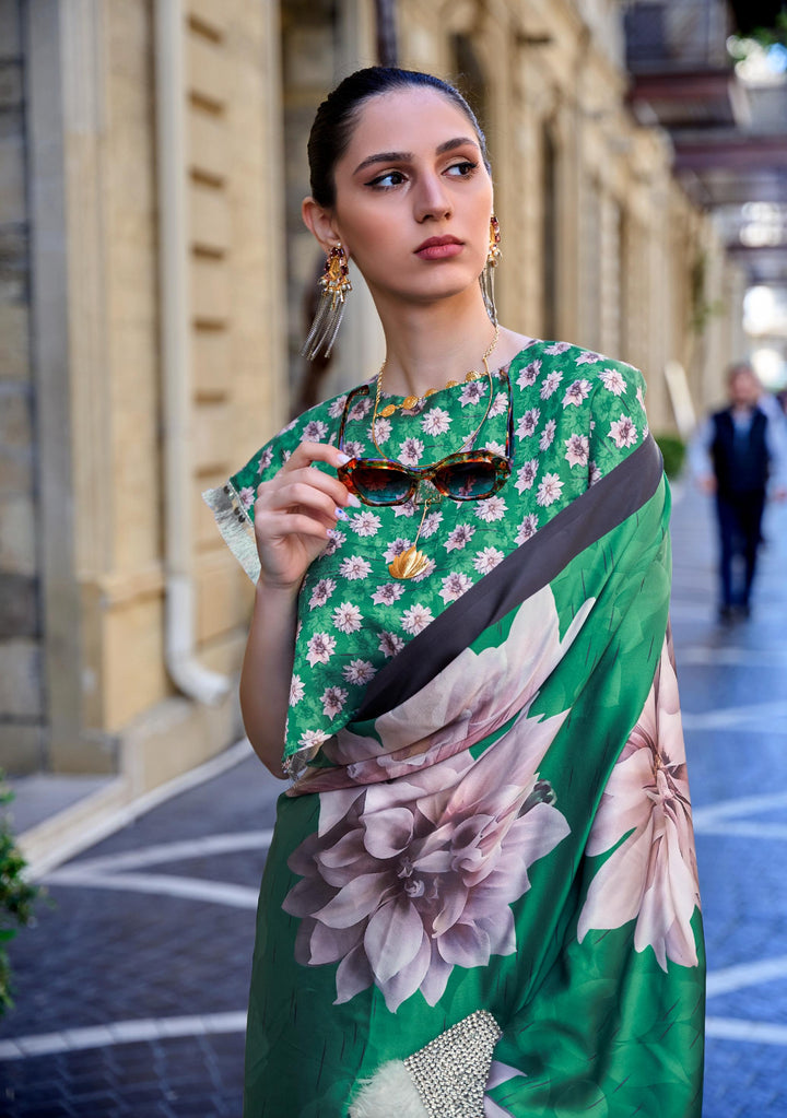 Paris Green Digital Print Satin Crepe Saree - PAHRAVA