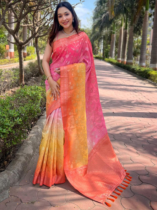 Warm Pink Slub Silk Resham Tassels Saree