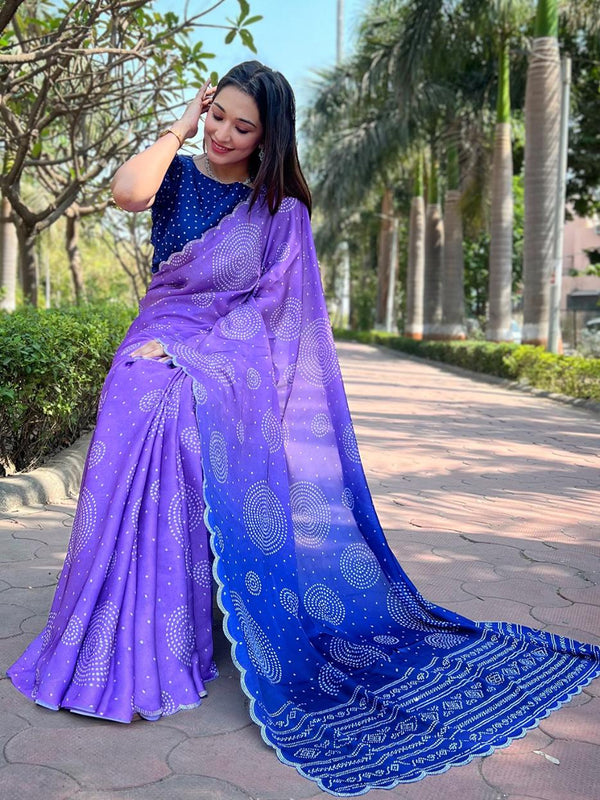 Light Purple Pure Satin Georgette Ombre Bandhej Print Saree