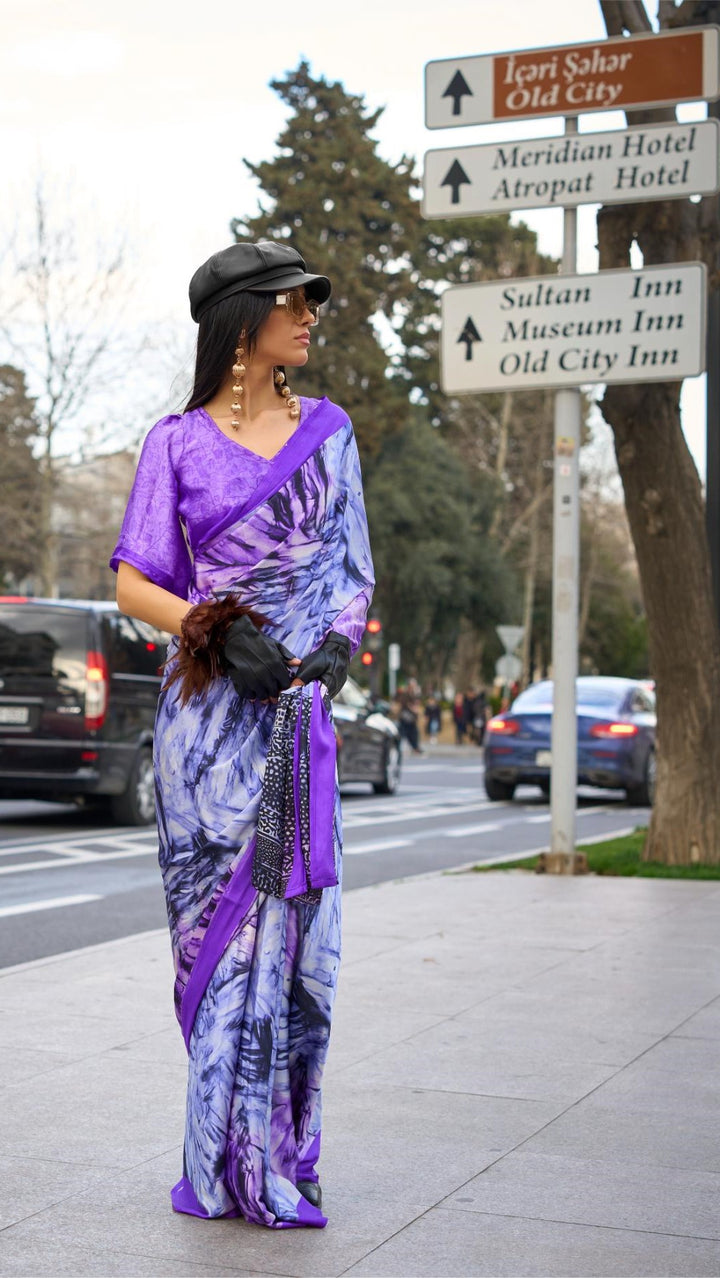 Lavender Purple Printed Satin Crepe Saree - PAHRAVA