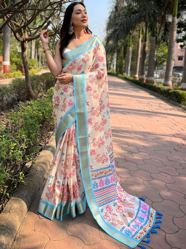 Pearl Cream Digital Water Floral Print & Zari Weaving Border Saree