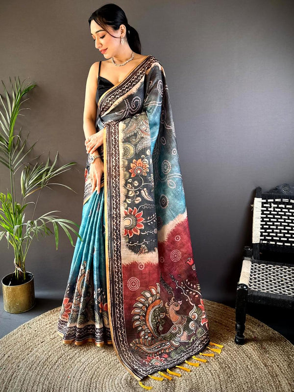 Sky Blue Cotton Jari Tissue Bandhej Kalamkari Printed Saree