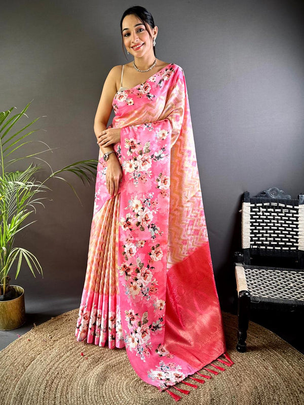 Warm Pink Zari Zigzag Kota Doriya Saree