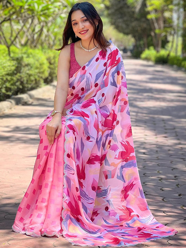 Pastel Pink Georgette Batik & Polka Dots Print Saree