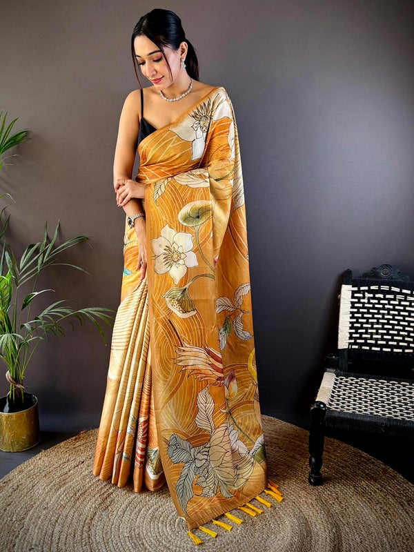 Mustard Yellow Semi Gold Zari Botanical Print Saree