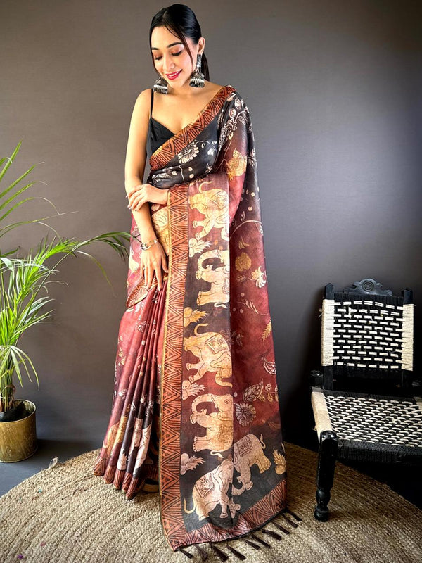 Maroon Tissue Chanderi  Kalamkari Block Print Saree