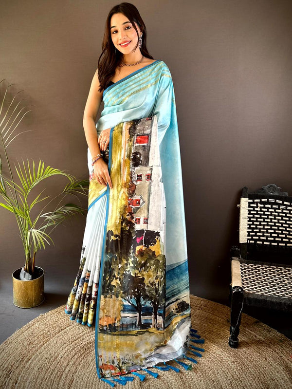 Light Blue Japanese Freehand Digital Print Soft Silk Saree