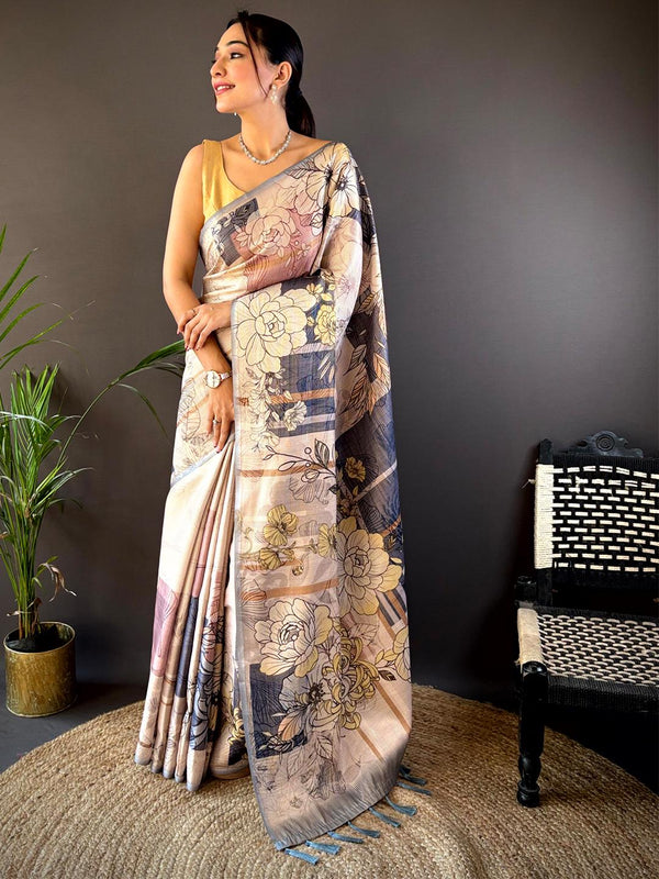 Cream With Blue Semi Gold Zari Floral Print Saree