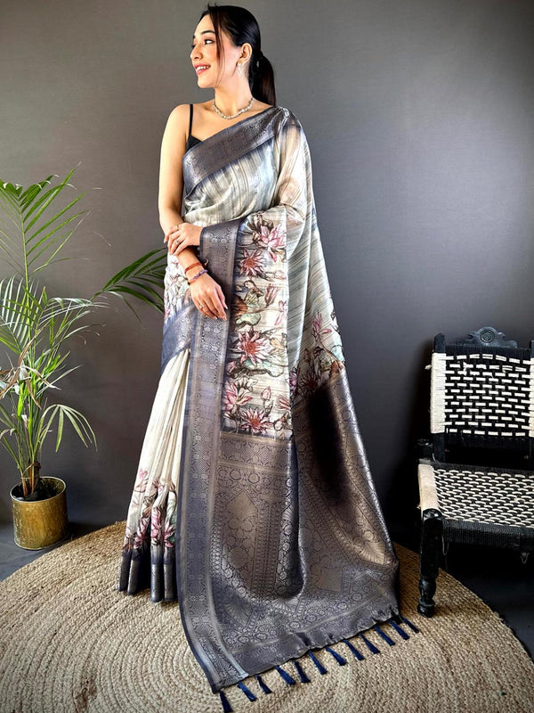 White With Blue Banarasi Silk Ghicha Tussar Saree