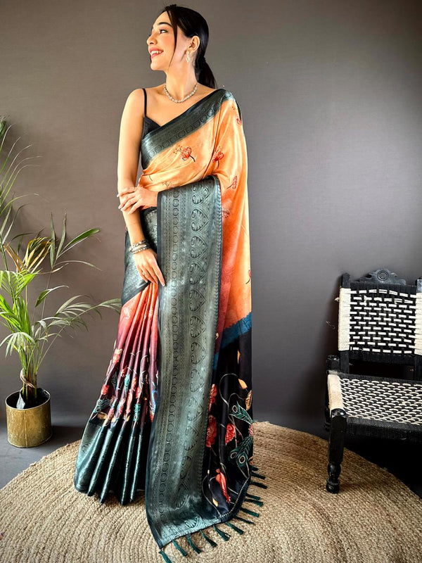 Sunrise Orange Soft Silk Floral Ombre Print Saree