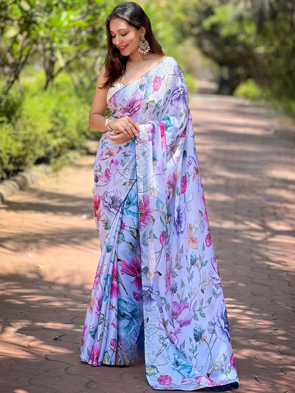 Sky Blue Georgette Floral Digital Print Stonework Saree