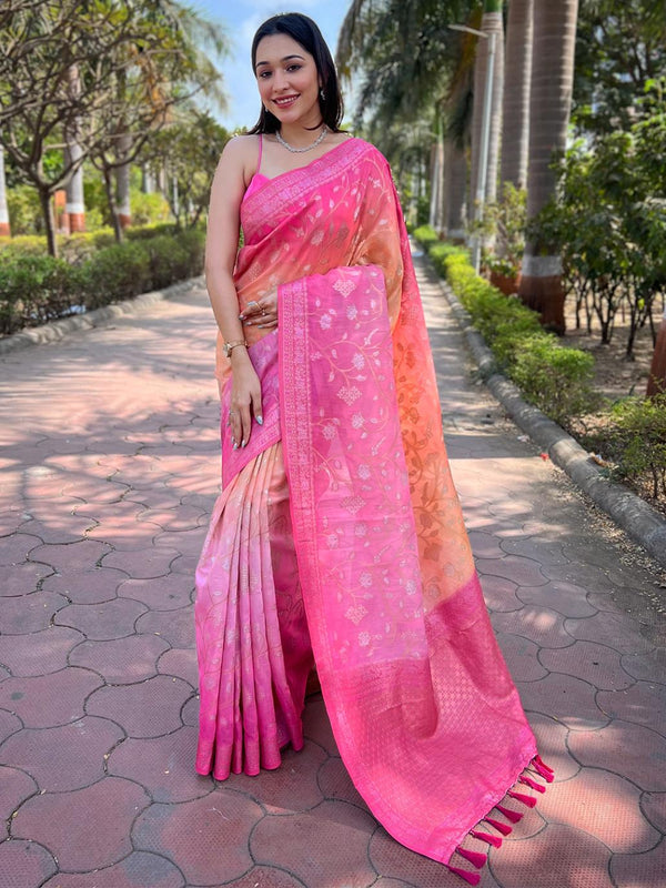 Blush Pink Slub Silk Resham Tassels Saree