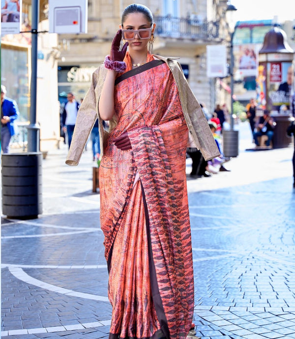 Pastel Red Digital Print Satin Crepe Saree - PAHRAVA