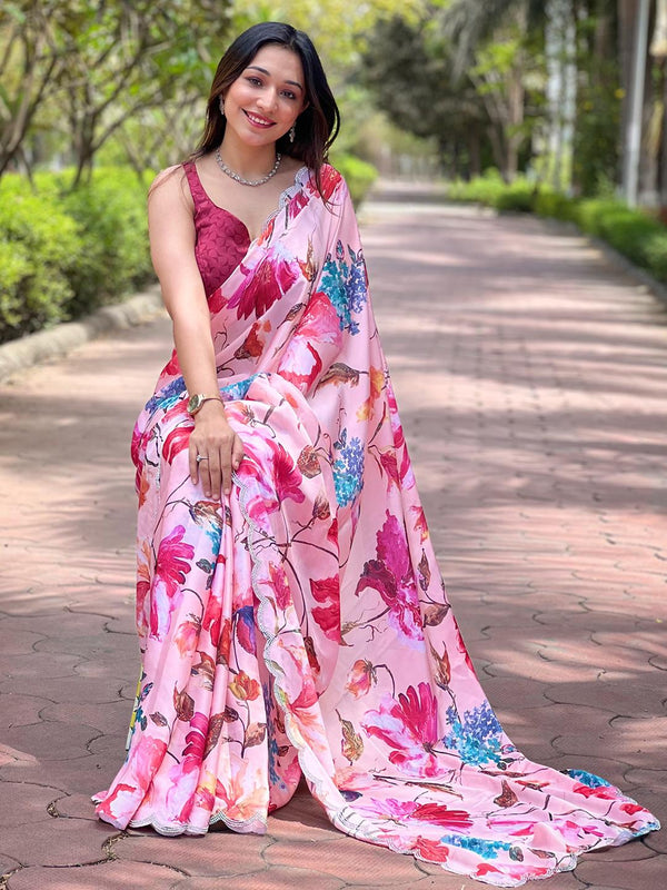 Oyster Pink Satin Georgette Flower Print Saree