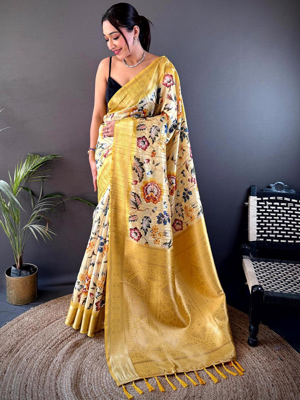 Mustard Yellow Banarasi Silk Ghicha Tussar Saree