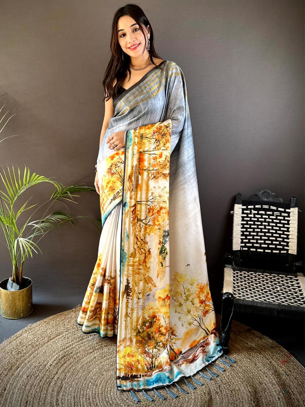 Grey Japanese Freehand Digital Print Soft Silk Saree