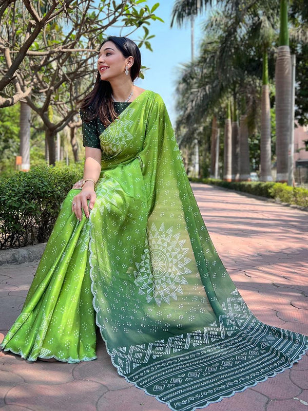 Avocado Green Pure Satin Georgette Ombre Bandhej Print Saree