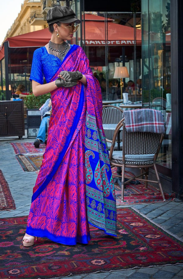 Steel Pink Printed Satin Crepe Saree - PAHRAVA