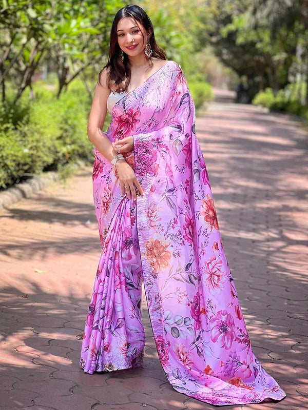 Blush Pink Georgette Floral Digital Print Stonework Saree