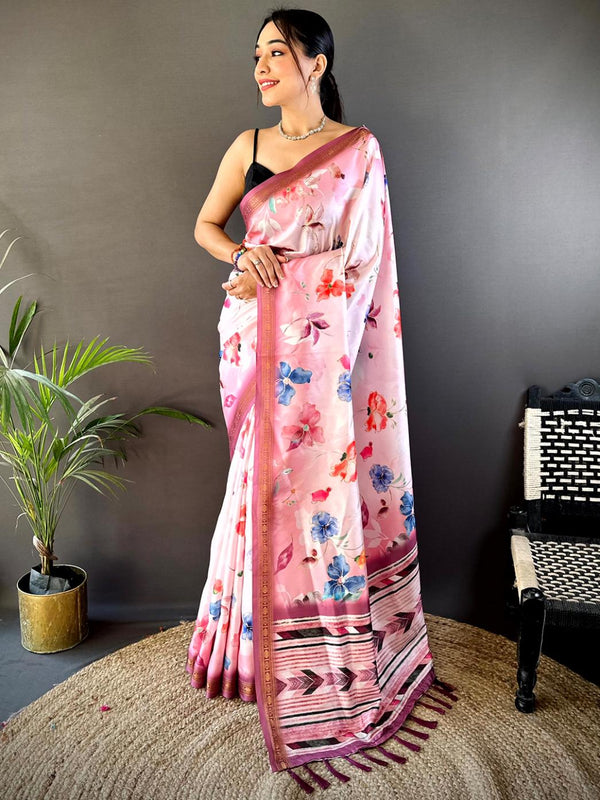 Pastel Pink Silk Floral Digital Print Saree