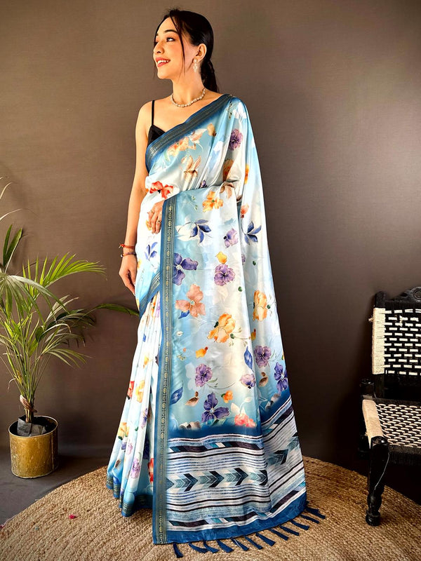 Sky Blue Silk Floral Digital Print Saree