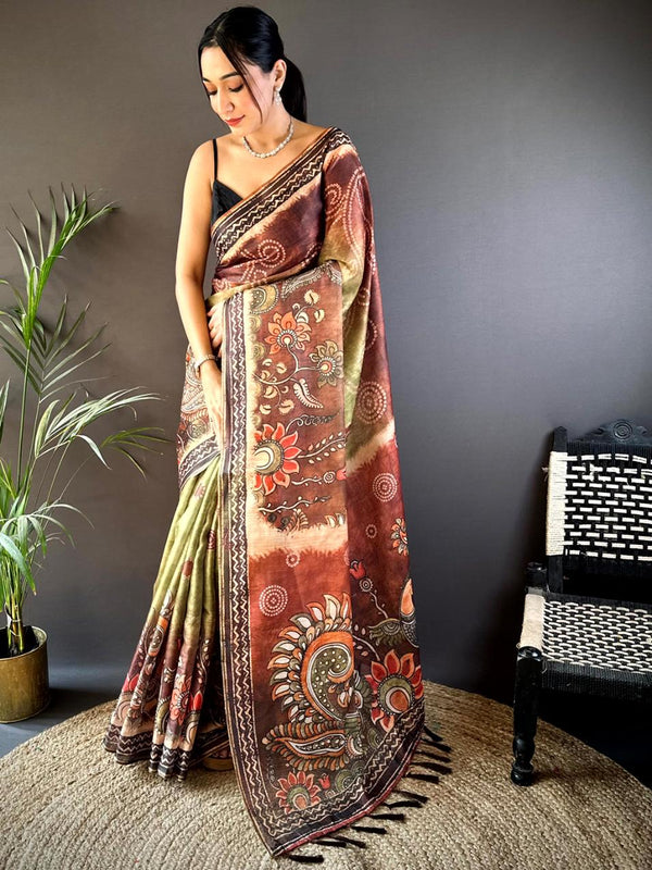 Brown With Green Cotton Jari Tissue Bandhej Kalamkari Printed Saree