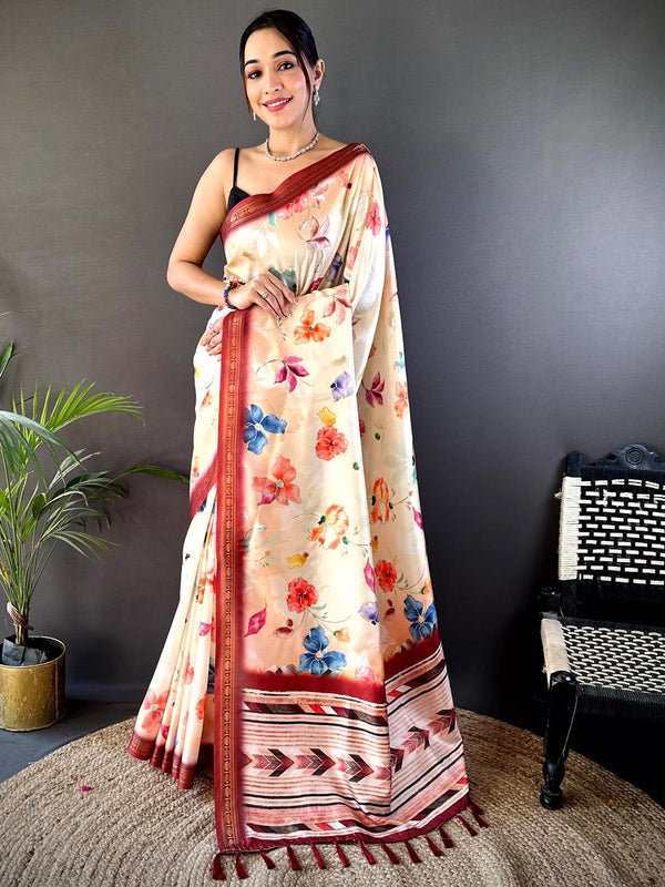 Pearl Cream Silk Floral Digital Print Saree