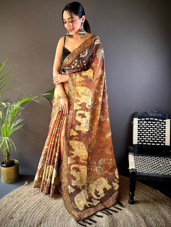 Persian Orange Tissue Chanderi  Kalamkari Block Print Saree