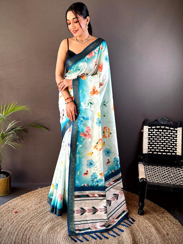 Blue With White Silk Floral Digital Print Saree