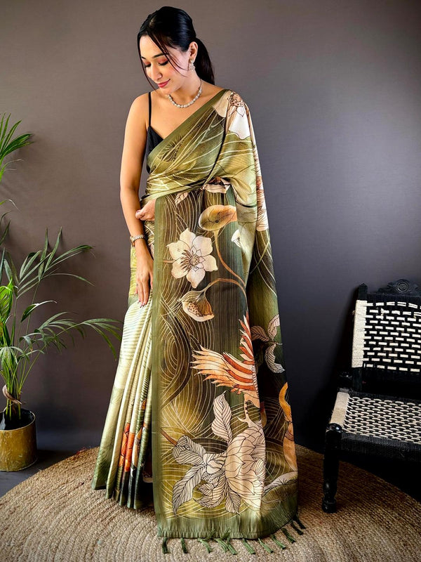 Green Semi Gold Zari Botanical Print Saree