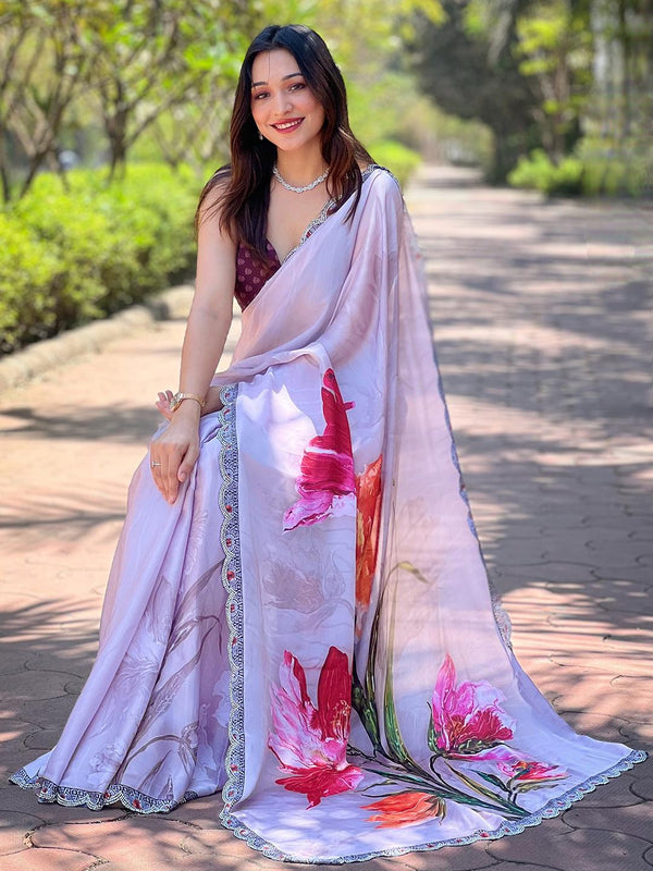 Light Pink Satin Georgette Flower Print Saree