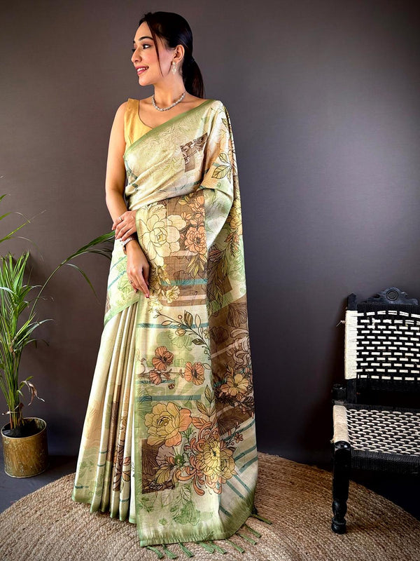 Mint Green Semi Gold Zari Floral Print Saree