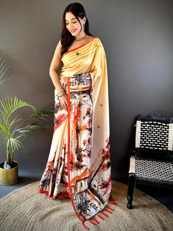 Sunrise Yellow Japanese Freehand Digital Print Soft Silk Saree