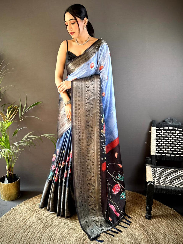 Light Blue Soft Silk Floral Ombre Print Saree